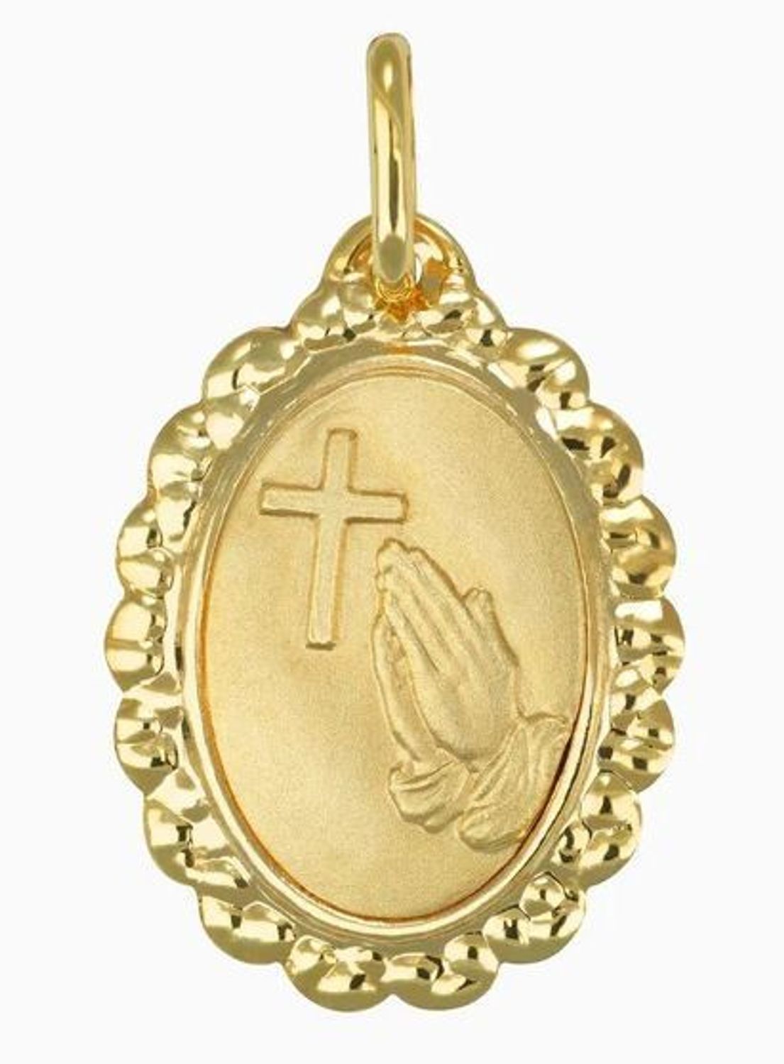 Złota zawieszka medalik z krzyżem i ręce złożone do modlitwy próba 585 A6ZOPE911 PE214897.jpg